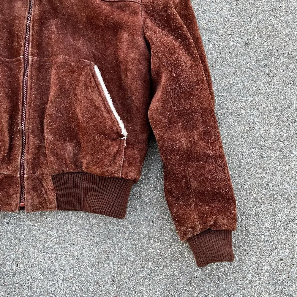 Vintage Grande-Bay Brown Suede Leather Fur Lined Zip Up Jacket Size 40 Medium